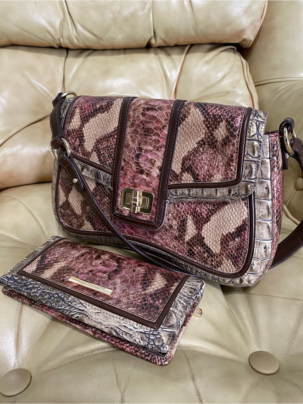SALE! Brahmin Nerida & Wallet in Brindle Potomac Python Croc Leather Pink Taupe